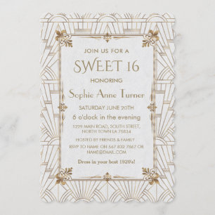 Royal Fleur-de-Lis Art Deco Gold White SWEET 16 Kaart