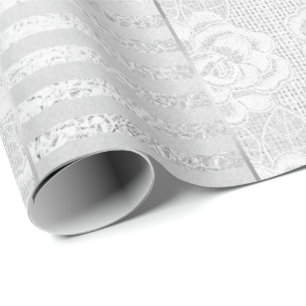 Royal Floral Rozen Silver White Lace Stripes Linen Cadeaupapier