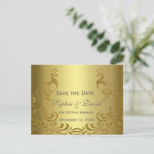 Royal Gold Abstract Pauw Trouwdag SAVE THE DATE Aankondigingskaart (Staand voorkant)