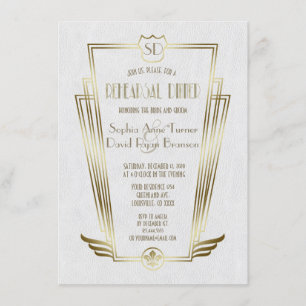 Royal Gold Art Deco Monogram Rehearsal Dinner Kaart