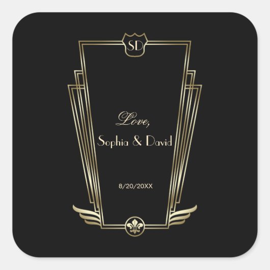 Royal Gold Art Deco Monogram Weddenschap Vierkante Sticker (Voorkant)