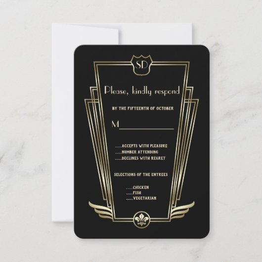 Royal Gold Art Deco Monogram Wedding RSVP (Voorkant)