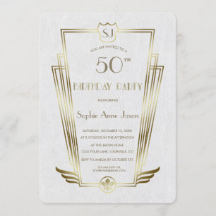Royal Gold Art Deco Monogram White Birthday Party Kaart