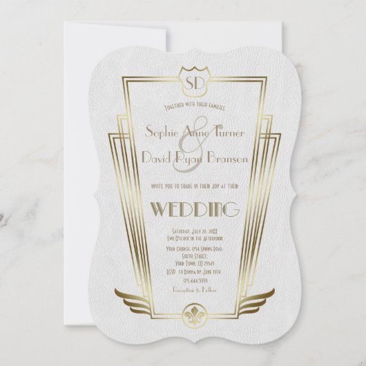 Royal Gold Art Deco Monogram White Wedding Invite Kaart (Voorkant)