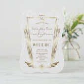 Royal Gold Art Deco Monogram White Wedding Invite Kaart (Staand voorkant)