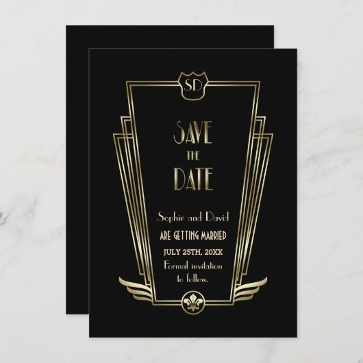 Royal Gold Black Art Deco Monogram sparen de datum Kaart (Voorkant / Achterkant)
