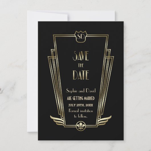 Royal Gold Black Art Deco Monogram sparen de datum Kaart (Voorkant)