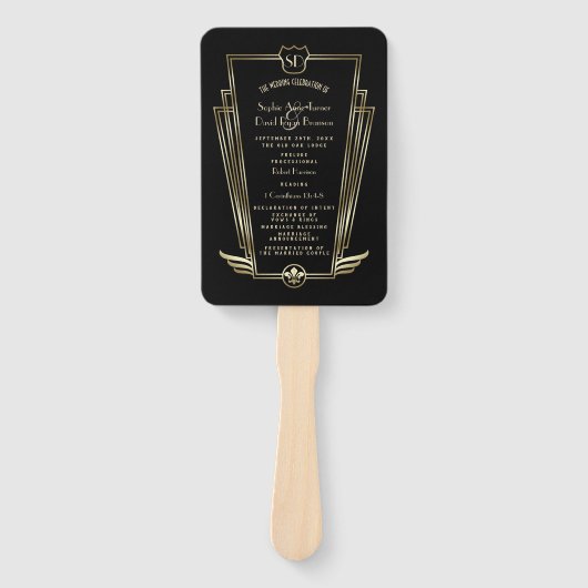 Royal Gold Black Art Deco Monogram Weddenprogramma Handwaaier (Voorkant)