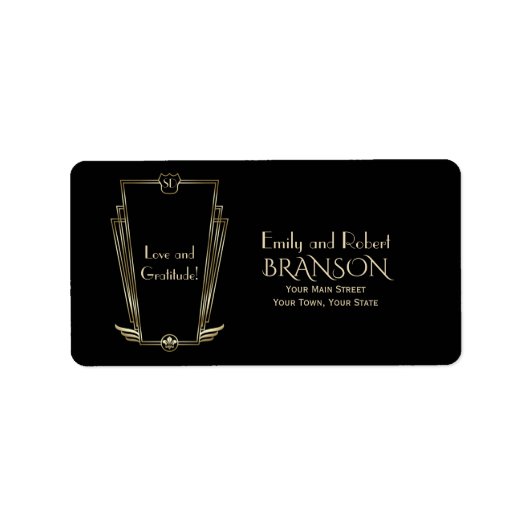 Royal Gold Black Art Deco Monogram Weddenschap Etiket (Voorkant)