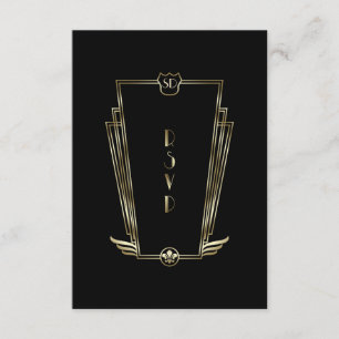 Royal Gold Black Art Deco Monogram Weddenschap RSV RSVP Kaartje
