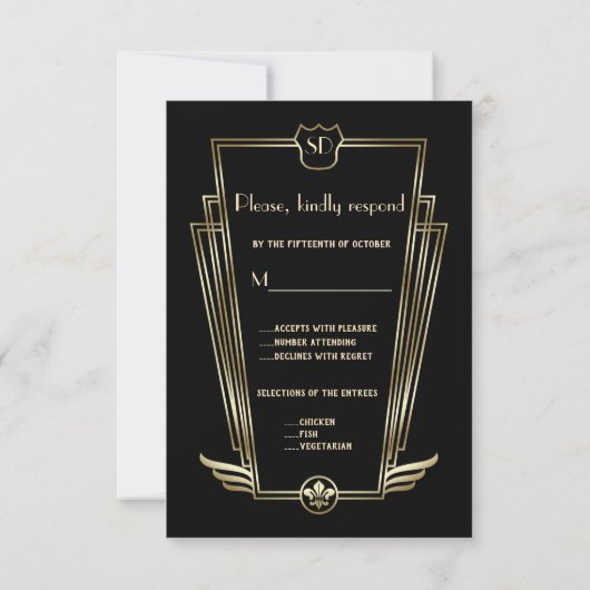 Royal Gold Black Art Déco Monogramme Mariage RSVP (Dos)