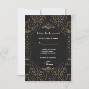 Royal Gold Black Great Gatsby 1920s Wedding RSVP Kaartje