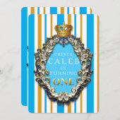 Royal Gold & Blue Crown 1e verjaardag uitnodiging (Voorkant / Achterkant)