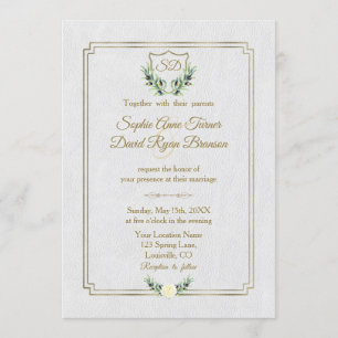 Royal Gold Crest Lush Greenery Monogram Wedding Kaart