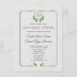 Royal Gold Crest Lush Greenery Rehearsal Dinner Kaart