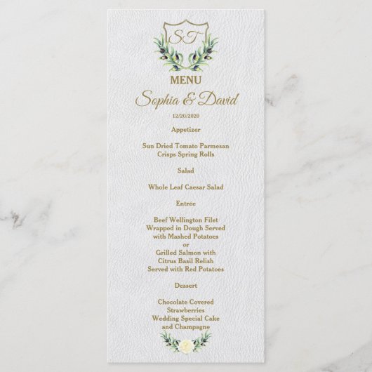 Royal Gold Crest Lush Greenery Wedding Menu (Voorkant)