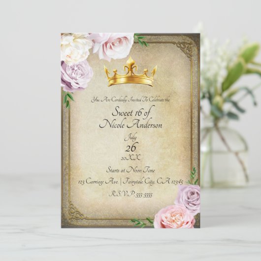 Royal Gold Crown Floral Sweet 16 Party Kaart (Staand voorkant)
