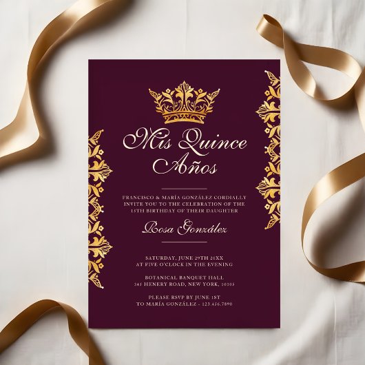 Royal Gold Leaf Crown Elegant Burgundy Quinceañera Kaart