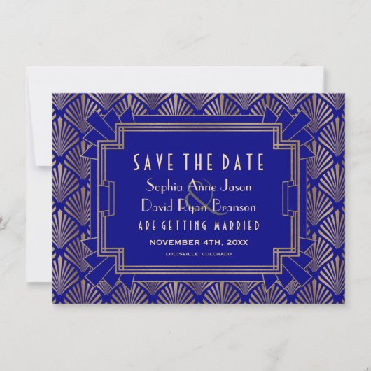 Royal Gold Navy Blue Great Gatsby 20s Wedding Save The Date (Voorkant)