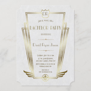 Royal Gold White Art Deco Monogram Bachelor Party Kaart