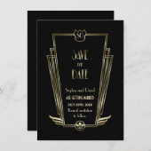 Royal Gold Zwarte Art Deco Monogram Save The Date Kaart (Voorkant / Achterkant)