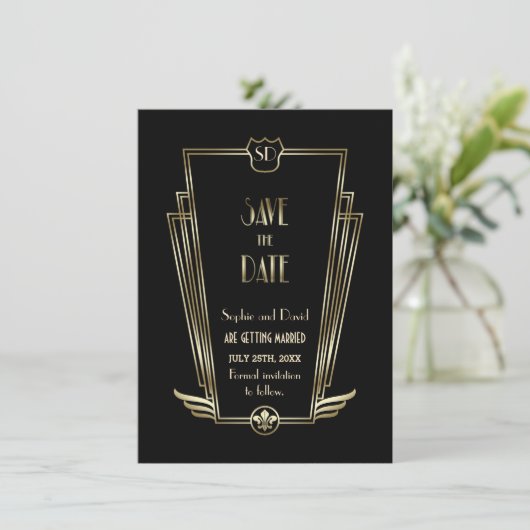 Royal Gold Zwarte Art Deco Monogram Save The Date Kaart (Staand voorkant)