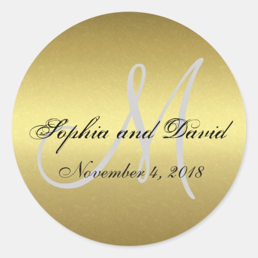 Royal Gold Zwarte Huwelijksfavor Sticker Monogram (Voorkant)