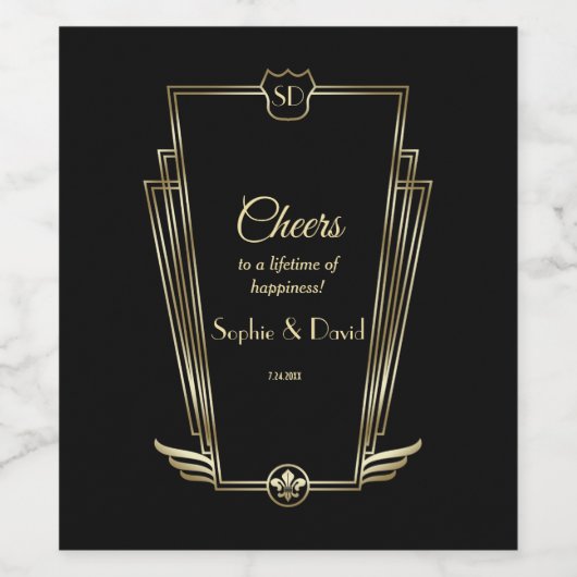Royal Goud Art Deco Monogram Zwart Bruiloft Wijn Etiket (Enkel label)