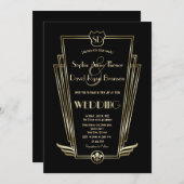 Royal Goud Art Deco Monogram Zwarte Trouw Uitnodig Kaart (Voorkant / Achterkant)