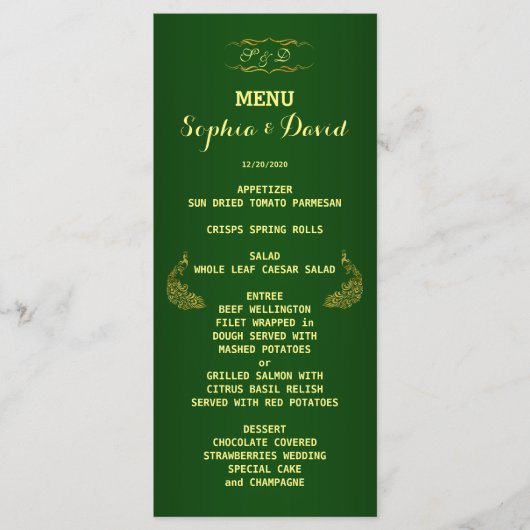 Royal Green Gold Peacock Mariage Menu personnalisé (Devant)
