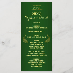 Royal Green Gold Peacock Mariage Menu personnalisé