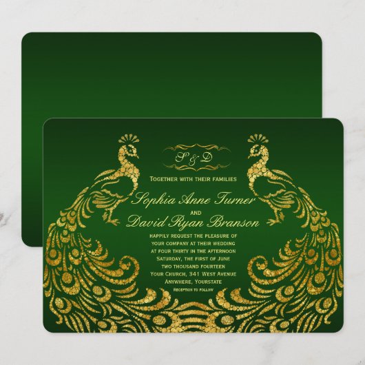 Royal Green Gold Peacock Wedding Invitation Kaart (Voorkant / Achterkant)
