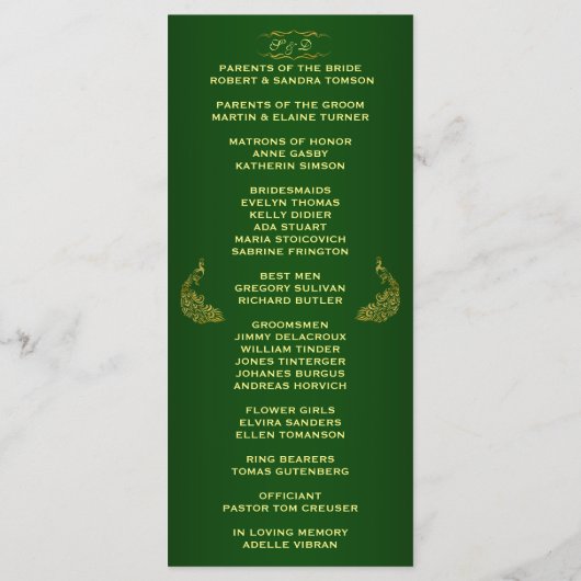 Royal Green Gold Peacock Wedding Program Custom Programma (Achterkant)