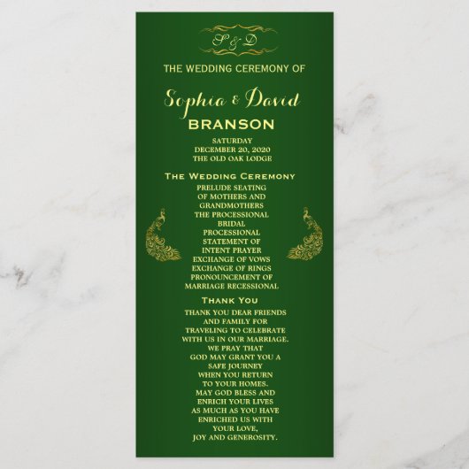 Royal Green Gold Peacock Wedding Program Custom Programma (Voorkant)