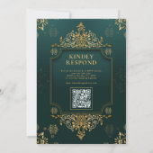 Royal Green I Gold Floral QR Code Moslim Trouwen Kaart (Achterkant)