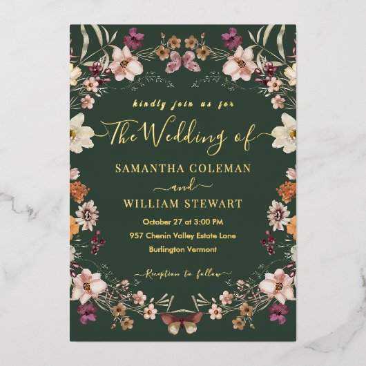 Royal Green Pastel Boho Wildflower Modern Wedding Folie Uitnodiging (Voorkant)