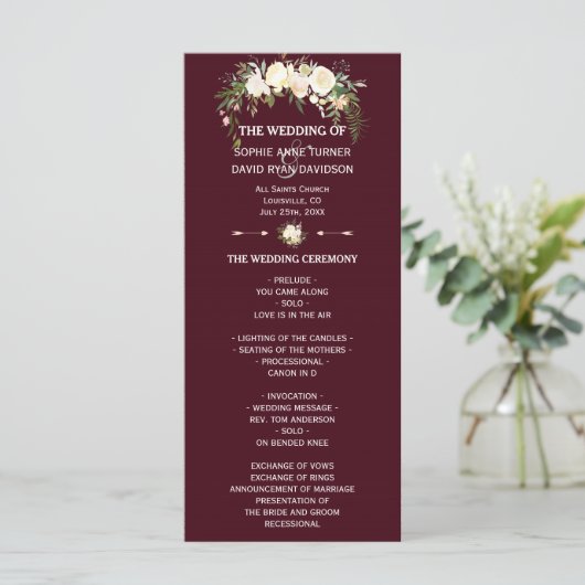 Royal Ivory Floral Bourgogne Programme de mariage (Debout devant)