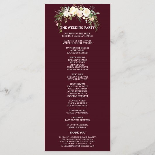 Royal Ivory Floral Burgundy Wedding Programme Programma (Achterkant)