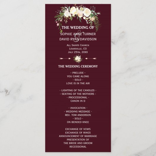 Royal Ivory Floral Burgundy Wedding Programme Programma (Voorkant)