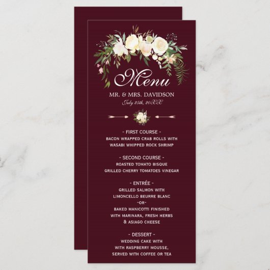 Royal Ivory Floral Crest Bourgogne Menu Mariage (Devant / Derrière)