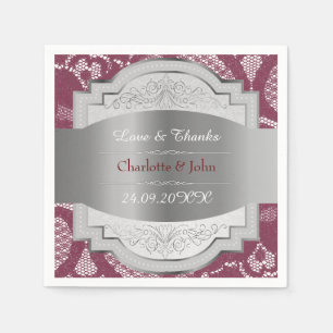Royal  Lace Personalized Burgundy Silver Servet