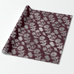 Royal Maroon Bourgondië Floral Silver Rozen glanze Cadeaupapier