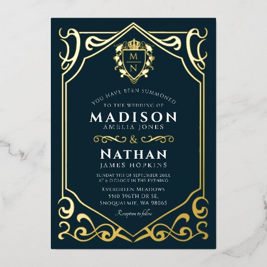 Royal Medieval Fantasy Monogram Weddenschap Folie Uitnodiging (Voorkant)