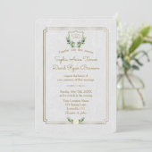 Royal Monogram Gold Crest Greenery Wedding Kaart (Staand voorkant)