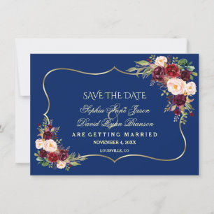 Royal Navy Blauw Bourgondië Bloemen Goud Save The Date