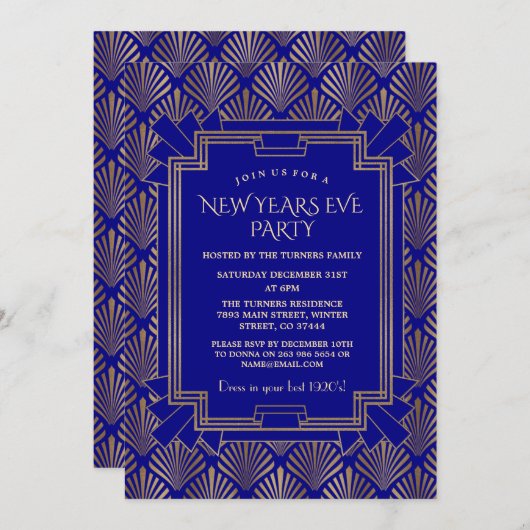Royal Navy Blauw Goud Great Gatsby Nieuwjaarsfeest Kaart (Voorkant / Achterkant)
