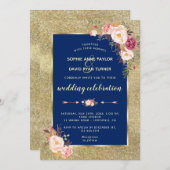 Royal Navy Blauwe Blush Bloemengoud Bruiloft Kaart (Voorkant / Achterkant)