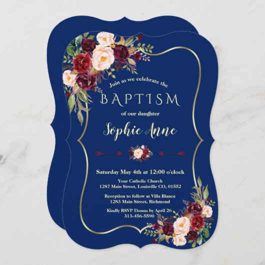 Royal Navy Blauwe Bordeaux Bloem Goud Meisje Doop Kaart (Voorkant / Achterkant)