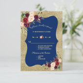 Royal Navy Blue Blush Floral Gold Wedding RSVP (Debout devant)