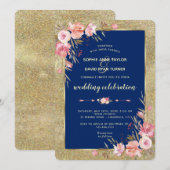 Royal Navy Blue Blush Peonies Gold Wedding Kaart (Voorkant / Achterkant)